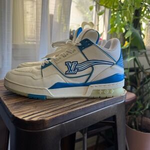 Louis Vuitton LV Trainer Sneakers White Blue Leather Men's Size 11 GO 0270